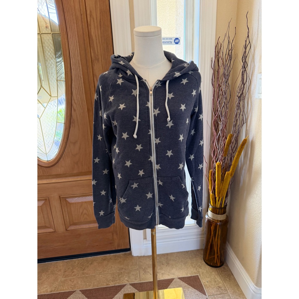 Alternative Apparel Star Print Eco-Fleece Zip Up Hoodie Grey White Large